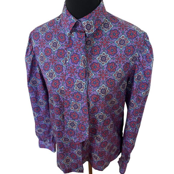 Vtg Womens Purple Blouse Large Purple Geometric Button Up Neck Tie 1980s Poly - Picture 1 of 12